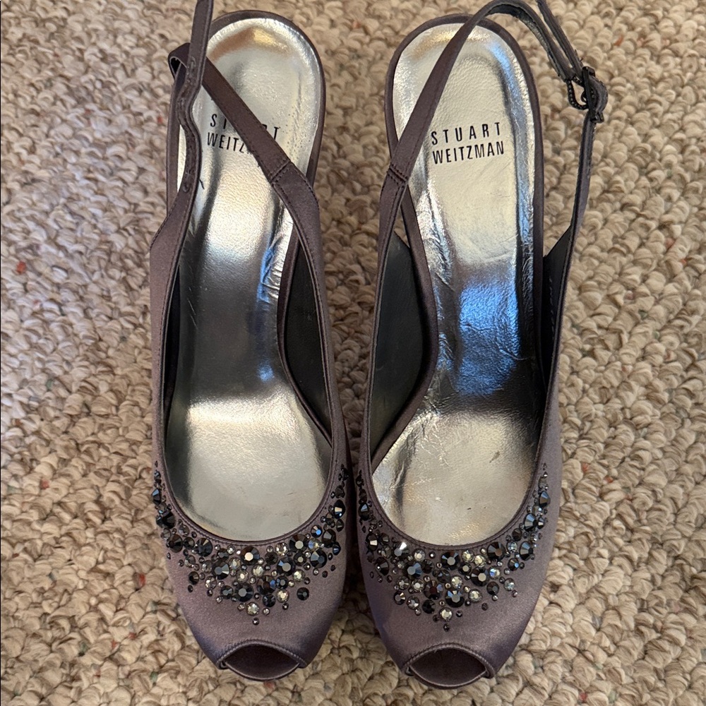 Stuart Weitzman Gray Embellished Peeptoe Slingback Heels